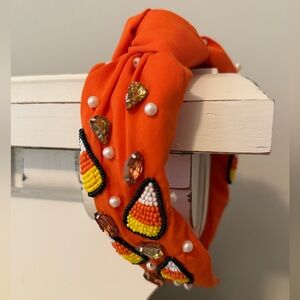 Candy Corn Halloween Headband - Orange Beaded Headband with Gem Accents